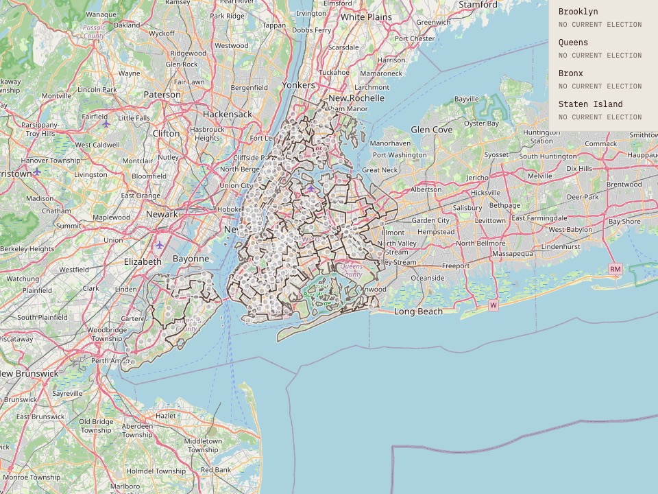 NYC Poll Tracker map of New York City with election-district outlines, a map-layer switcher for six district levels, a wait-time legend, and a borough summary panel.