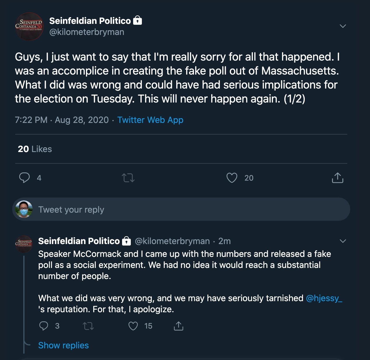 August 28, 2020 apology from @Kilometerbryman admitting involvement in creating the fake Massachusetts poll; a follow-up describes inventing the numbers with Speaker McCormack and apologizes to Jessy Han.
