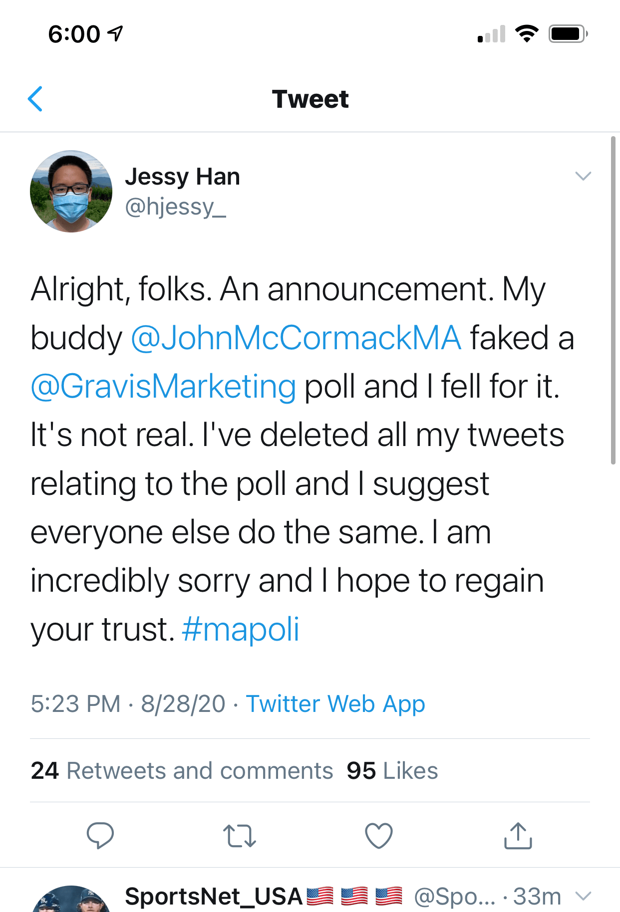 Jessy Han’s August 28, 2020 tweet saying the Gravis Marketing poll was fake, that he had deleted his related tweets, and that others should do the same.
